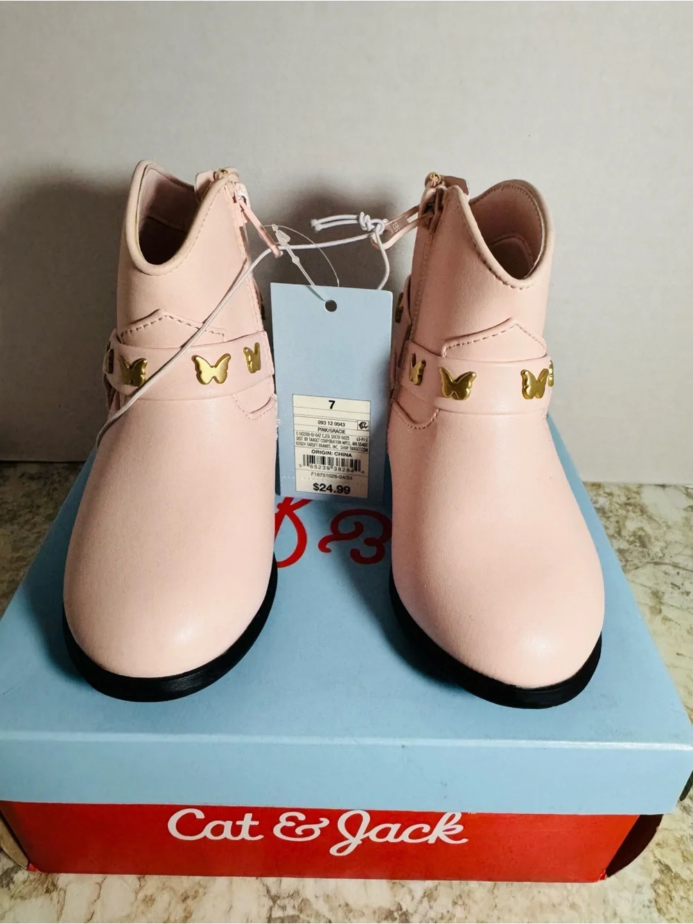 Cat & Jack Pink Girls' Butterfly Strap Ankle Boots Sz 7